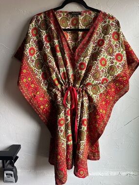 Boho Paisley Mini Dress Tunic Red Floral Y2K Resort Beach Euro Summer Cover Up